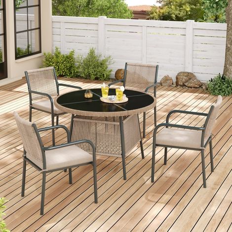 Conjunto de jardín de 5 piezas - Mesa redonda de cristal de Ø110 cm + 4 sillones de cuerda y ratán PE - Gris moderno
