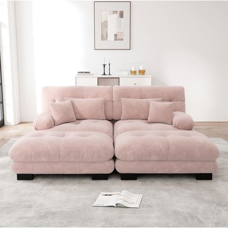 Divano modulare rosa in ciniglia con 2 pouf, 2 cuscini lombari e 2 cuscini decorativi (1/5)