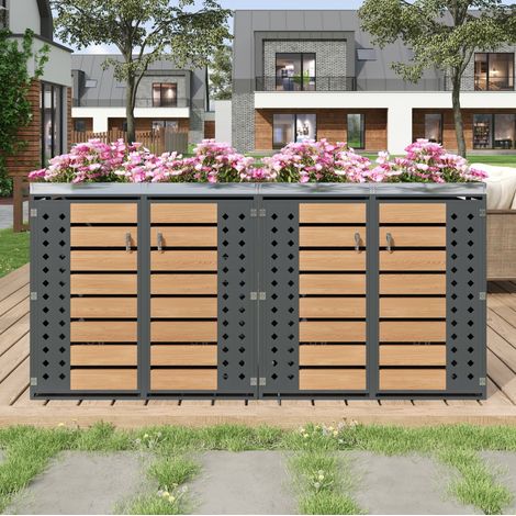 Armoire cache-poubelles de jardin en acier galvanisé gris et décor bois, 4 compartiments verrouillables avec bac à plantes (1/5)