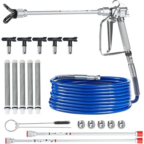 Kit pistolet pulvérisateur peinture sans air et tuyau, 248 bar, ensemble tuyaux pulvérisation de peinture haute pression avec 5 embouts, joint pivotant, avec filtres, tuyau et tiges d'extension (1/5)
