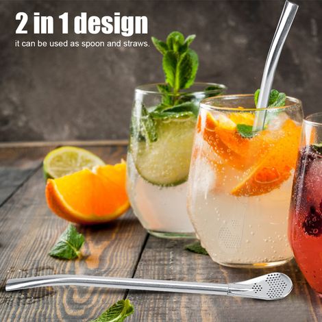 Cuillère à cocktail réutilisable et lavable en acier inoxydable avec paille, taille L (1/5)