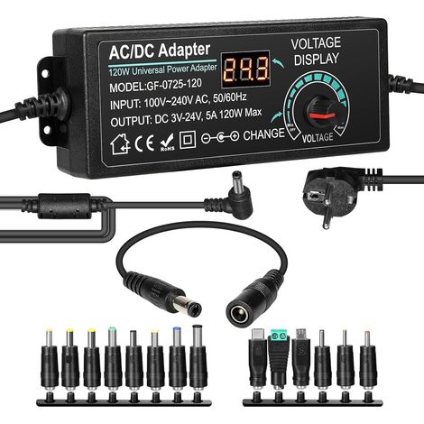 Chargeur Universel 12V Réglable Alimentation Universelle 120W Chargeur Universel PC Portable CC 3V-24V avec Port USB avec 14 Ports d'alimentation Prise Européenne CA 100-240V. (1/5)