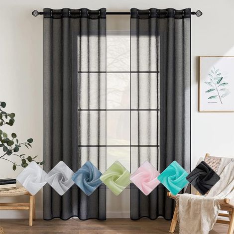 Rideaux Transparents Couleur Pure Panneaux Voile De Fenêtre Élégant pour Chambre Salon 2 Panneaux à Oeillets 140x145cm Noir (1/5)