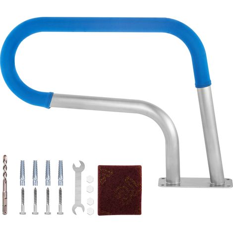 Mophorn   Rampe de piscine  30 x 22 po en acier inoxydable Capacité de 250 lb Rampe de piscine antirouille argentée avec couvercle à poignée bleue, foret M8 et vis (1/5)