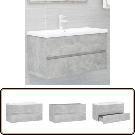Armoire d'évier et lavabo intégré Gris béton Bois d'ingénierie - Meuble De Salle De Bain - Lavabo Intégré - Armoire D'évier - Rangement Salle De Bain - Vasque Céramique (1/5)