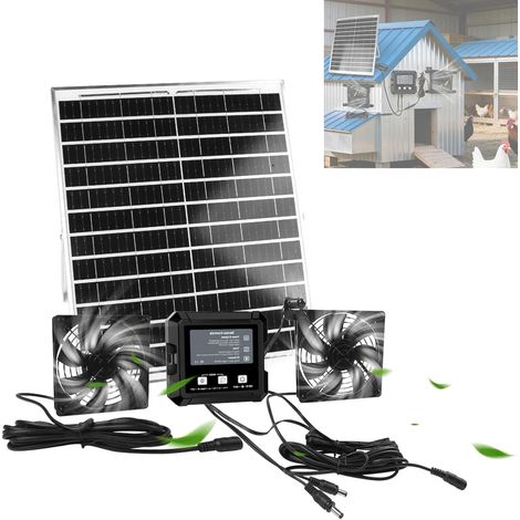 Kit Ventilateur Solaire Poulailler avec Batterie, Minuterie, 2 Ventilateur 3 Modes Ventilation Automatique, détection Intelligente, Alimentation Solaire+batterie, pour Serre, Niche et Cabane de Jardi