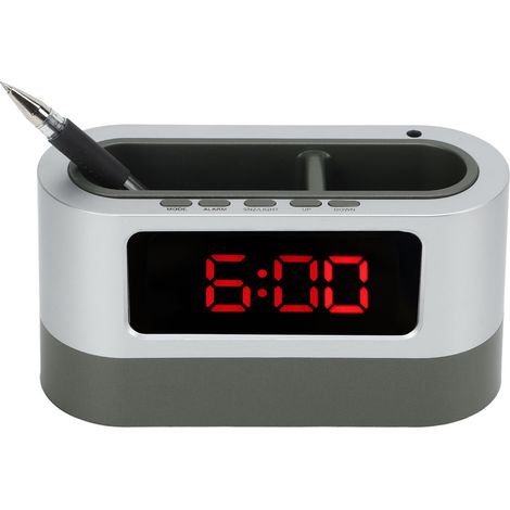 Réveil porte-stylo, porte-stylo multifonctionnel, mémoire de l'heure, affichage de la date et de la température, horloge LED, convient pour une utilisation au bureau et en dortoir, rouge. (1/5)