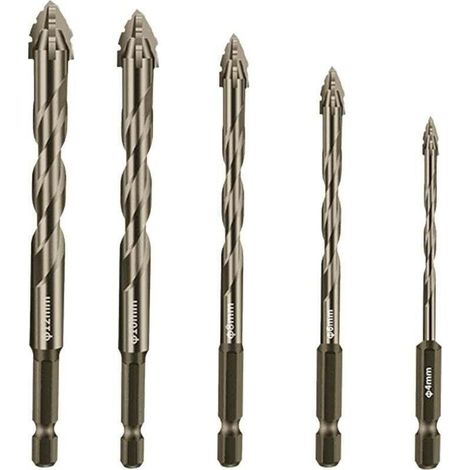Forets hélicoïdaux excentriques robustes, jeu de 5 forets pour maçonnerie, adaptés au béton, au verre, à la brique, au ciment, aux carreaux, au bois, etc., forets de 5/32" à 1/2". (1/4)
