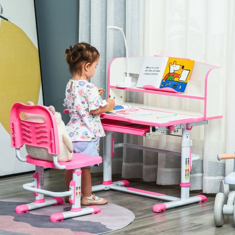 Bureau scolaire réglable pour enfants de 6 à 12 ans avec lumière LED. Porte-livres et porte-stylo intégrés. Fabriqué en MDF, PP et acier. Rose.