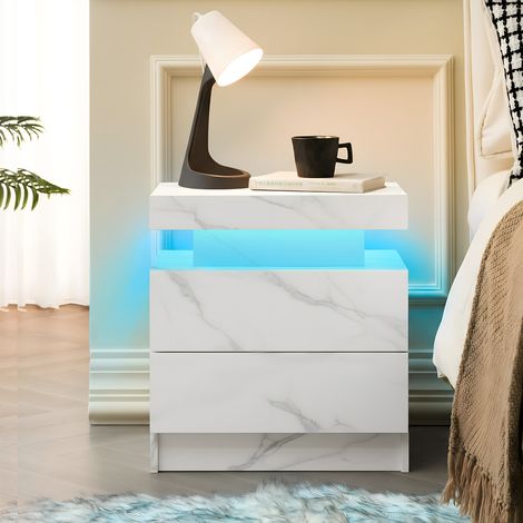 DESMIU Meuble de Chevet LED avec 2 tiroirs et niche ouverte pour chambre et salon, blanc mat (1/5)