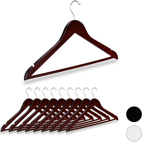 Set 10 cintres bois marron, barre pantalon 44,5cm, encoche robe/jupe/chemise, crochet pivotant 360° (1/4)