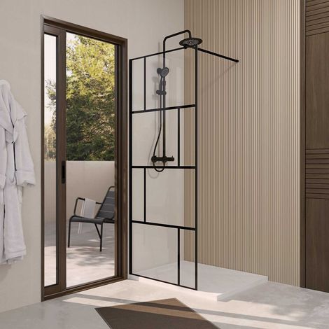 Parete Doccia 80x195 cm – Vetro Anticalcare 8 mm Serigrafia Mattone – Profilo Nero Opaco