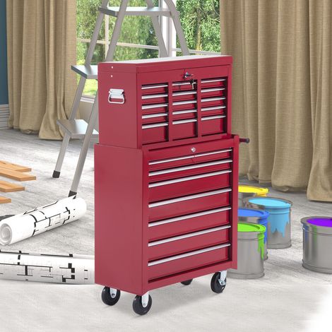 Chariot d'atelier avec coffre à outils, chariot à outils verrouillable vide avec tiroirs, compartiment à outils, clé et tapis antidérapants, rouge