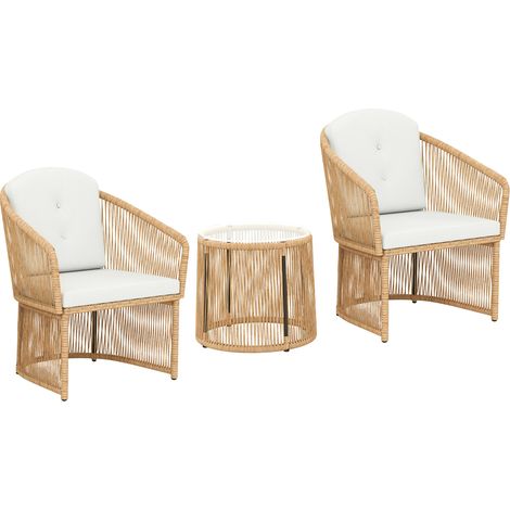 Salon de jardin résine tressée crème, ensemble extérieur 2 places, table avec 2 fauteuils et coussins inclus (1/5)