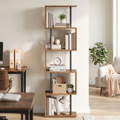 Étagère de Rangement à 6 Niveaux, Bibliothèque en Forme de S, Cadre en Acier, 38 x 24 x 157,2 cm, Marron Rustique et Noir (1/5)