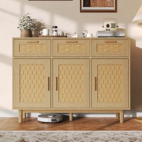 Kommode 110x40x80 cm Holz mit 3 Schubladen und Rattan Türen, 5 Füße, Vintage Rustikal, Eiche