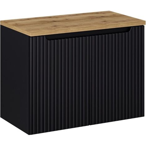 Badezimmer-Set VANO 80cm: Unterschrank mit mattschwarzen Rillentüren + Waschtischplatte in heller Eichenoptik