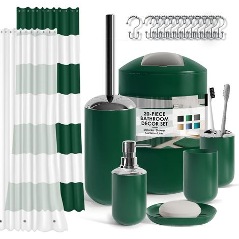 Ensemble d'accessoires de Salle de Bain Verts avec Rideau de Douche et Tapis, 20 pièces, Rideau de Douche avec Doublure, Distributeur de Savon, Porte-Savon, Porte-Brosse WC et Poubelle (1/5)