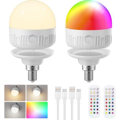 Lot de 2 ampoules LED rechargeables avec télécommande, E14 à intensité variable, couleurs RVB avec batterie, 8 W Touch Control avec fonction de minuterie, éclairage de secours magnétique (1/5)