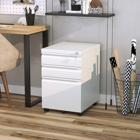 Rollcontainer Büroschrank mit 3 Schubladen und Rollen, kompakter Stahlcontainer mit konkavem Griff, Weiß, 39 x 48 x 60 cm (1/5)