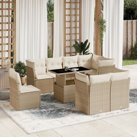 Ensemble Salon Jardin 9 Places Résine Tressée Beige avec Coussins - Table Réglable Hauteur, Modulaire, Housses Lavables (1/5)