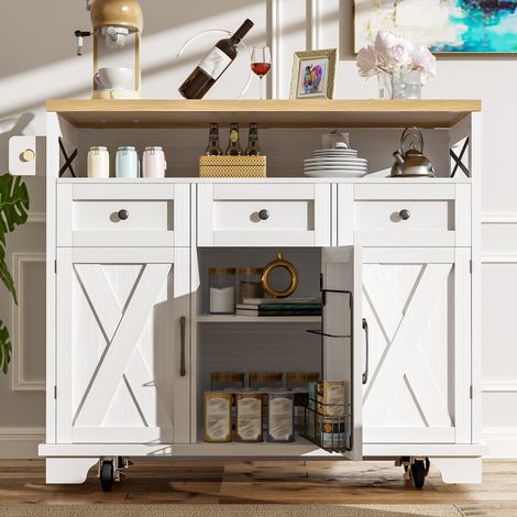 Îlot central de cuisine contemporain (118x43x98cm) avec buffet et crédence en bois effet chêne, équipé de roulettes, rangement polyvalent, compartiments démontables et porte-serviettes, teinte blanche (1/5)