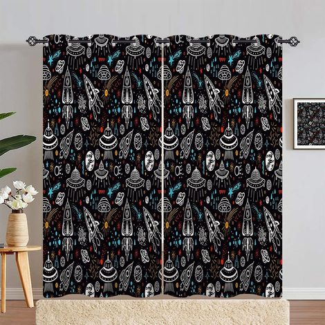 Rideau Occultant Espace Fusée Planète Étoiles Tenture Opaque à Oeillets Draperies Intérieurs Rideau Thermique Isolant pour Maison Chambre Salon Fenetre 2 Pièces L 140 x H 280 cm - 140L X 280H cm (2 Pa (1/5)