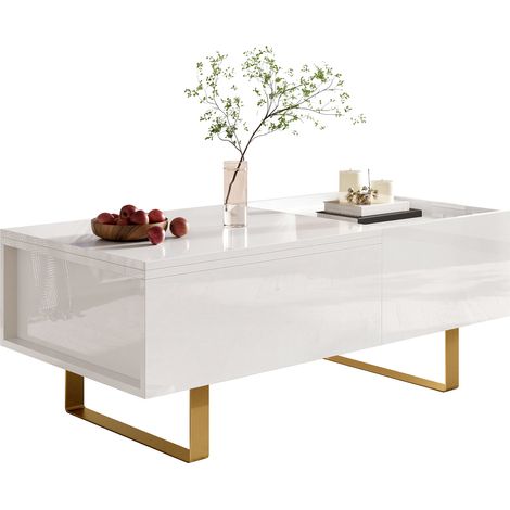 CHICFURN Table basse relevable en MDF blanc brillant, rectangulaire, avec tiroir coulissant, coffre de rangement et pieds en fer doré pour salon moderne (1/5)