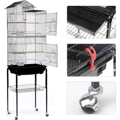 Cage,Cage Oiseaux Volière Portable Toit Ouvrable Design pour Perruche Calopsitte Canari Inséparable Mandarins avec Support Détachable,46 35.5 158.5cm (1/5)