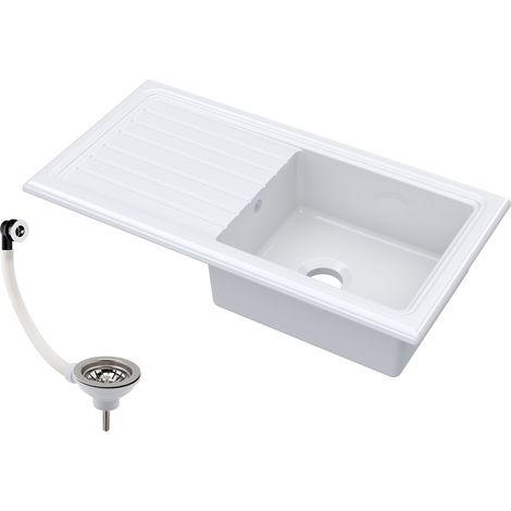 1 Bowl Fireclay Ceramic Inset Kitchen Sink & Drainer with Compatible Waste - 1010mm (1/5)
