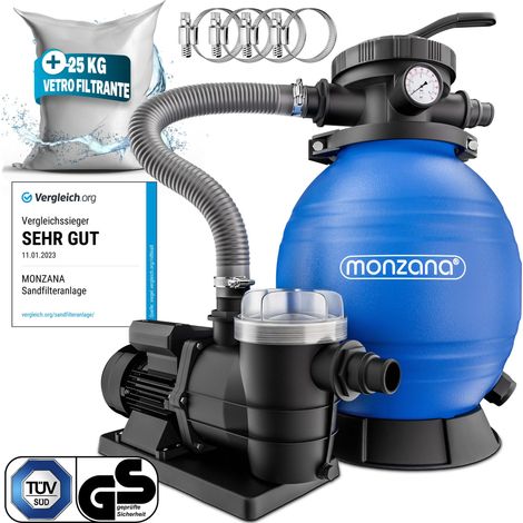 MONZANA® Sistema di filtraggio a Sabbia 9.600 L/h con Prefiltro e Serbatoio XL + 25kg vetro filtrante (1/8)