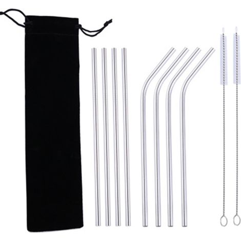 8 pailles réutilisables en acier inoxydable, 4 droites + 4 coudées, avec 2 brosses de nettoyage et 1 sac en velours, pour smoothies et milkshakes (1/5)