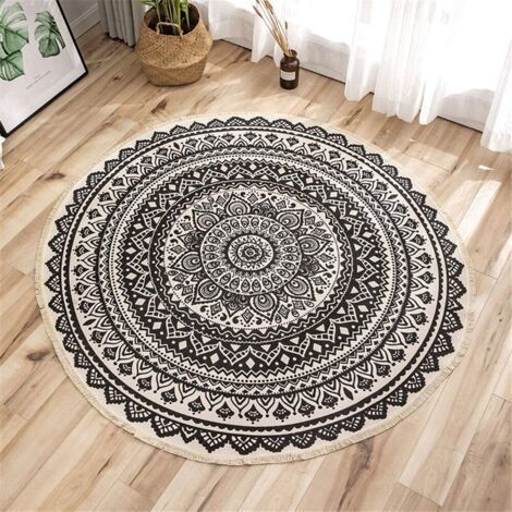 Tapis rond Mandala - En coton - Style bohème - Diamètre : 92 cm-Ensoleillé (1/5)