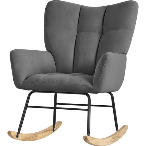 ML-Design Schaukelsessel Dunkelgrau, Schaukelstuhl Frottee-Optik Bezug, Gepolsterter Schwingsessel mit Holzkufen, Relaxsessel mit Armlehnen für Wohnzimmer/Schlafzimmer/Balkon, Relaxstuhl Ohrensessel