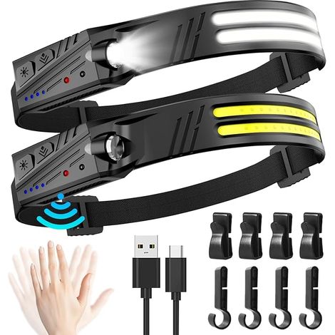 Linterna frontal LED ultra potente, 2 unidades, 2000 lúmenes, superbrillante, 2 LED, 230°, recargable, 1500 mAh, con sensor de movimiento, resistente al agua IPX5, 0,14 lb, ideal para pesca, camping y (1/5)