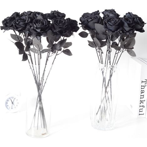 Bouquet de 12 roses artificielles en soie, tiges de 50 cm (19,68 pouces), noires, pour la décoration de table lors de fêtes à la maison. (1/3)