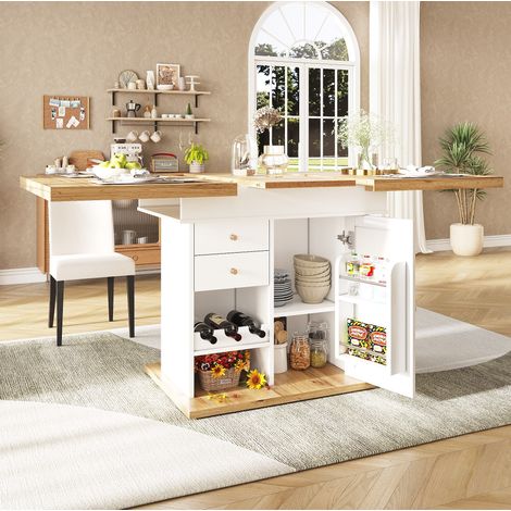 Table à manger extensible 140×80×75cm pour 4-6 personnes, avec rangement ouvert, 1 porte 2 tiroirs, pour cuisine salon, MDF, blanc (1/5)