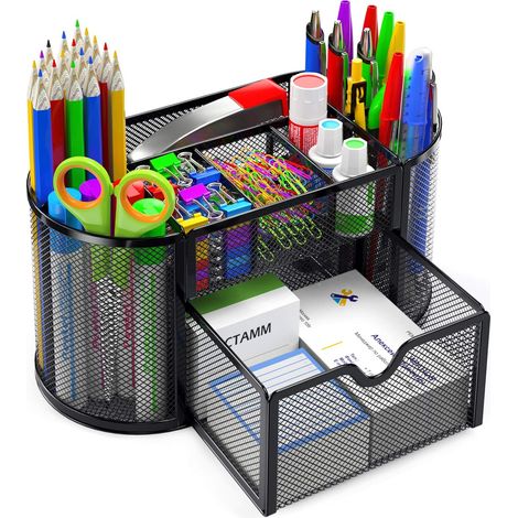 Organiseur de bureau pour fournitures de bureau, organiseur de bureau en maille avec porte-stylos, 8 compartiments et 1 tiroir (1/3)