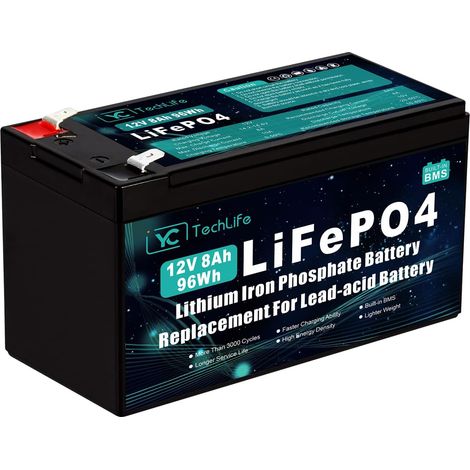 Batterie 12V 8Ah, Batterie Lithium Rechargeable à Décharge Profonde Pouvant Atteindre plus de 3000 cycles, BMS 10A intégré, utilisée pour l'énergie solaire/éolienne (1/5)