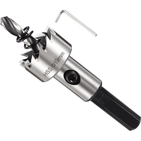 Kit de Trépan 19mm (3/4"), Trépan en Acier Rapide M2 avec Foret de Centrage, Clé hexagonale et Ressort - pour Métaux Mi-Durs, Bois, Plastique, Argenté (1/5)