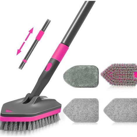 Brosse de Nettoyage, Brosse à Récurer avec Manche Long Télescopique 142 cm, 4 Têtes de Lavage pour Nettoyer la Salle de Bain, la Baignoire, Le Sol, la Plinthe, l'évier, la Cuisine (Rose Rouge) (1/5)