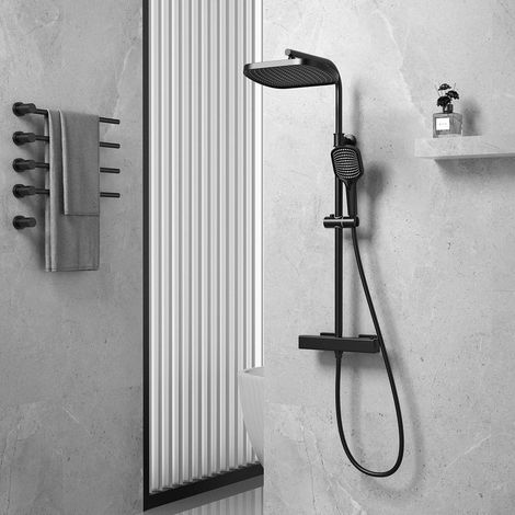 Duschsystem Thermostat Schwarz mit 32cm Regendusche, 3 Strahlarten Handbrause, Höhenverstellbar (1/5)