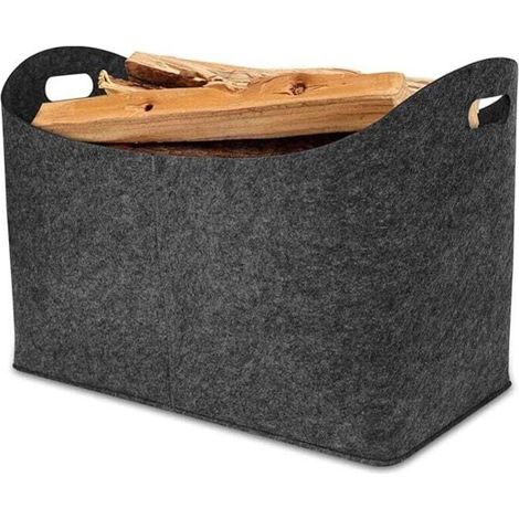 Cesta de fieltro para leña de 55x30x40cm con asa reforzada, bolsa de almacenamiento para leña, periódicos y ropa, accesorios para chimenea (gris oscuro) -Crezuo