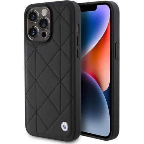 Étui iPhone 15 Pro Max BMW en cuir matelassé noir