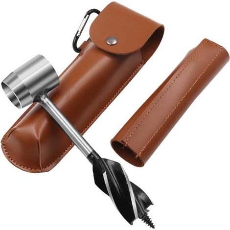 Perceuse manuelle de survie bushcraft avec étui en cuir, idéale pour le camping, la randonnée et le trekking, outil de perçage manuel pour le bois (marron) (1/5)