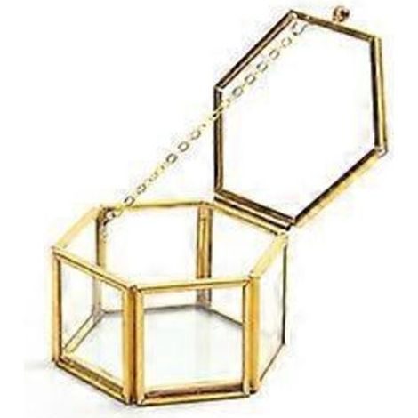 Boîte à bijoux en verre vintage - Boîte hexagonale en verre doré, boîte à souvenirs pour ranger bagues, boucles d'oreilles et petits accessoires (1/4)