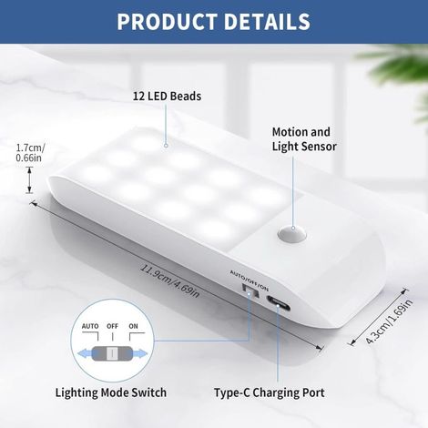 Veilleuse LED Rechargeable, avec Détecteur de Mouvement, Lampe de Placard avec Bande Magnétique pour Armoire, Couloir, Escalier, Cuisine,2 Pack (1/2)