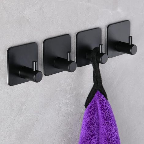 4 Pièces Crochet Adhésif Mural Noir, Aluminium Solide, Charge 5kg, Sans Percer, Pour Salle De Bain Et Cuisine (1/5)