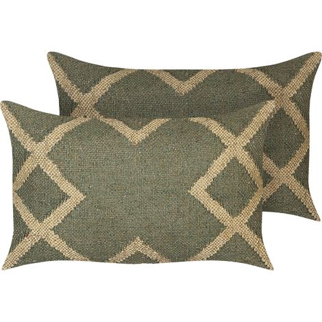 Lot de 2 Coussins Vert et Beige en Jute et Laine 30 x 50 cm à Motif Oriental Gopi