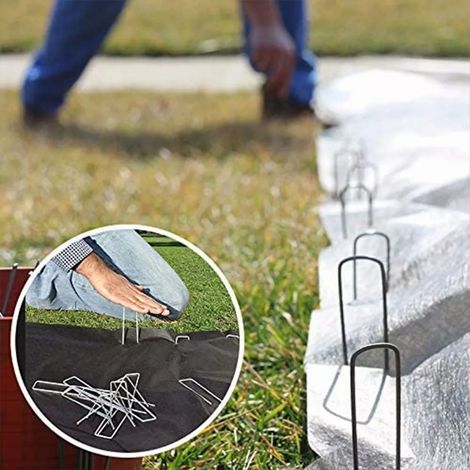 Lot de 50 piquets de jardin en acier galvanisé antirouille, type U, pour la fixation de clôtures et de toiles de paillage. (1/5)